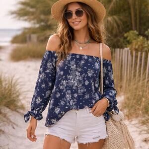 Navy & White Floral Off Shoulder Blouse Size M One Love Clothing Festival Beach